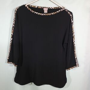 Black Top Women's Leopard Trim 3/4 Sleeve Casual Stretch Blouse Animal Print